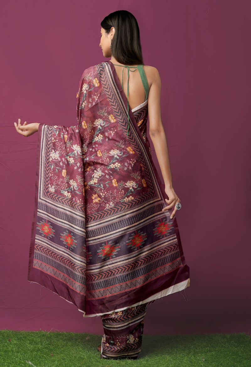 Online Shopping for Burgundy  Digital Printed Chanderi Sico Saree with Fancy/Ethnic Prints from Madhya Pradesh at Unnatisilks.comIndia
