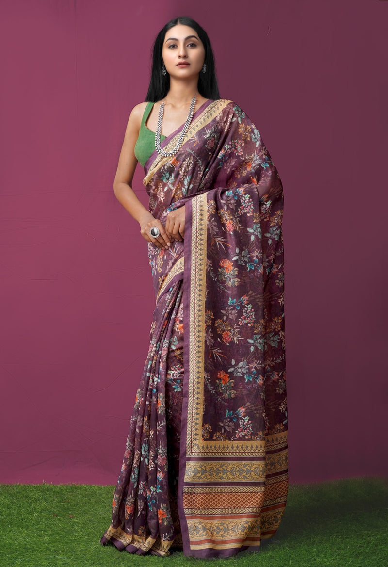 Burgundy  Digital Printed Chanderi Sico Saree-UNM61486