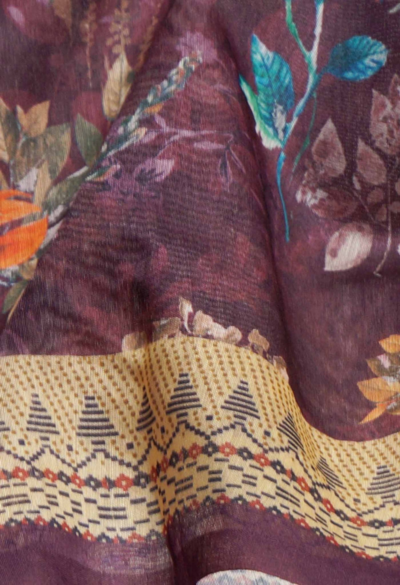 Burgundy  Digital Printed Chanderi Sico Saree-UNM61486