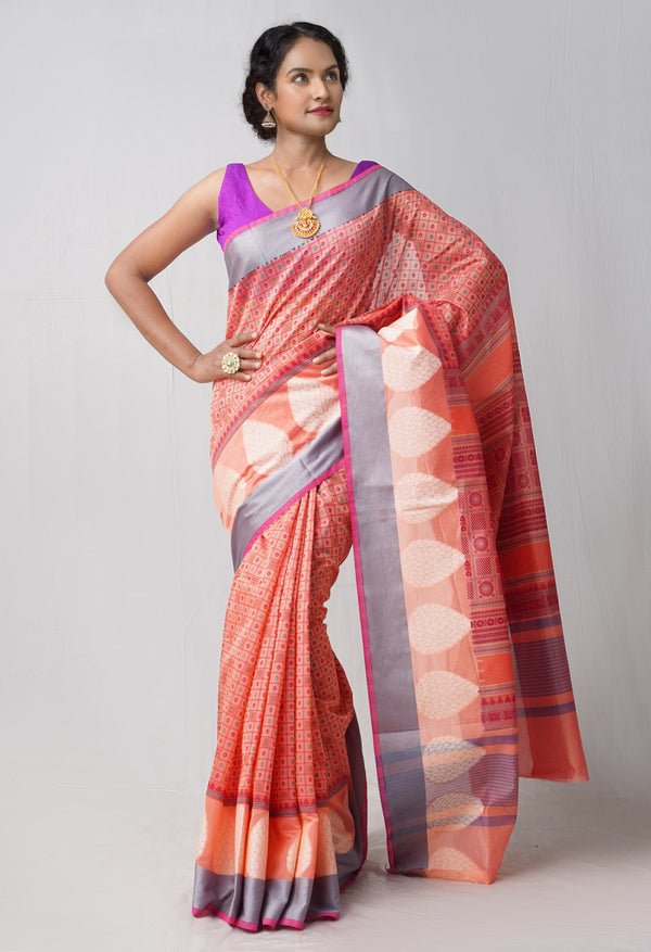 Red  Block Printed Chanderi Sico Saree-UNM61517