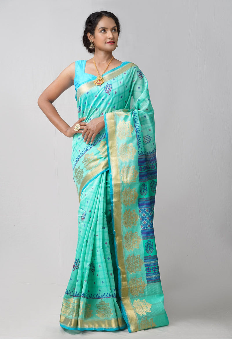 Green  Block Printed Chanderi Sico Saree-UNM61518