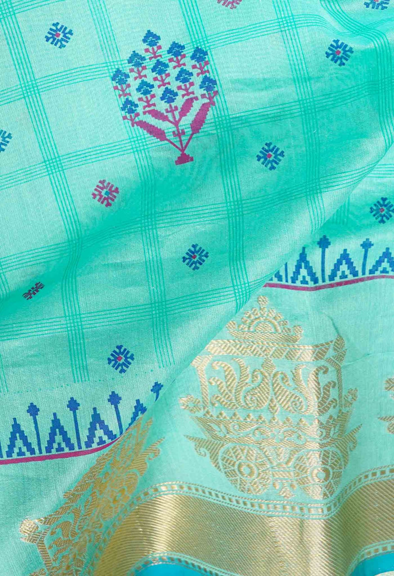 Green  Block Printed Chanderi Sico Saree-UNM61518
