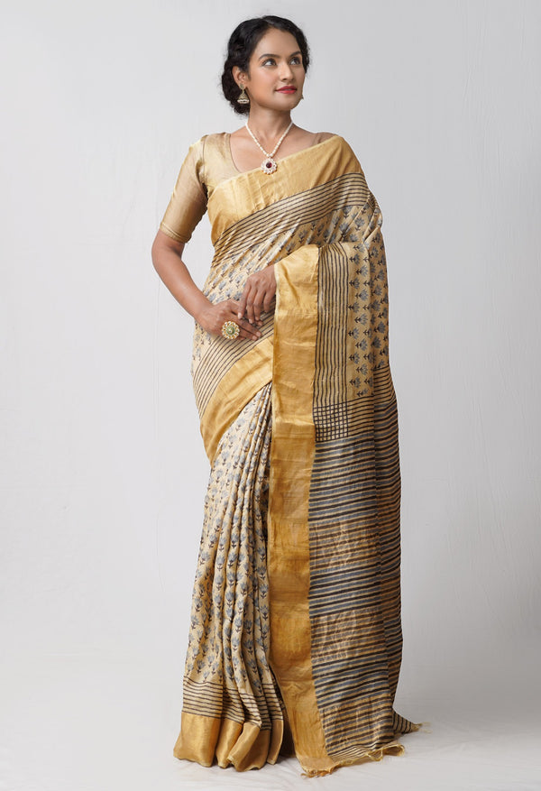 Online Shopping for Brown Pure Handloom Block Printed Bengal Tussar Silk Saree with Hand Block Prints from West Bengal at Unnatisilks.comIndia
