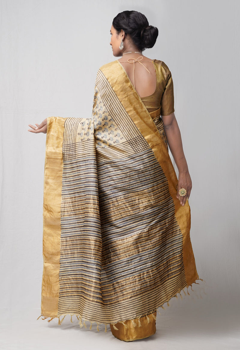 Online Shopping for Brown Pure Handloom Block Printed Bengal Tussar Silk Saree with Hand Block Prints from West Bengal at Unnatisilks.comIndia
