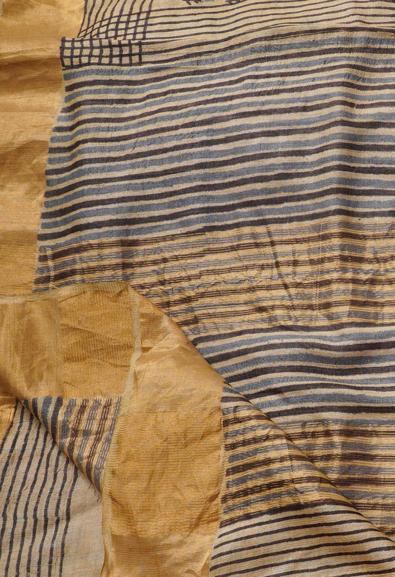 Online Shopping for Brown Pure Handloom Block Printed Bengal Tussar Silk Saree with Hand Block Prints from West Bengal at Unnatisilks.comIndia
