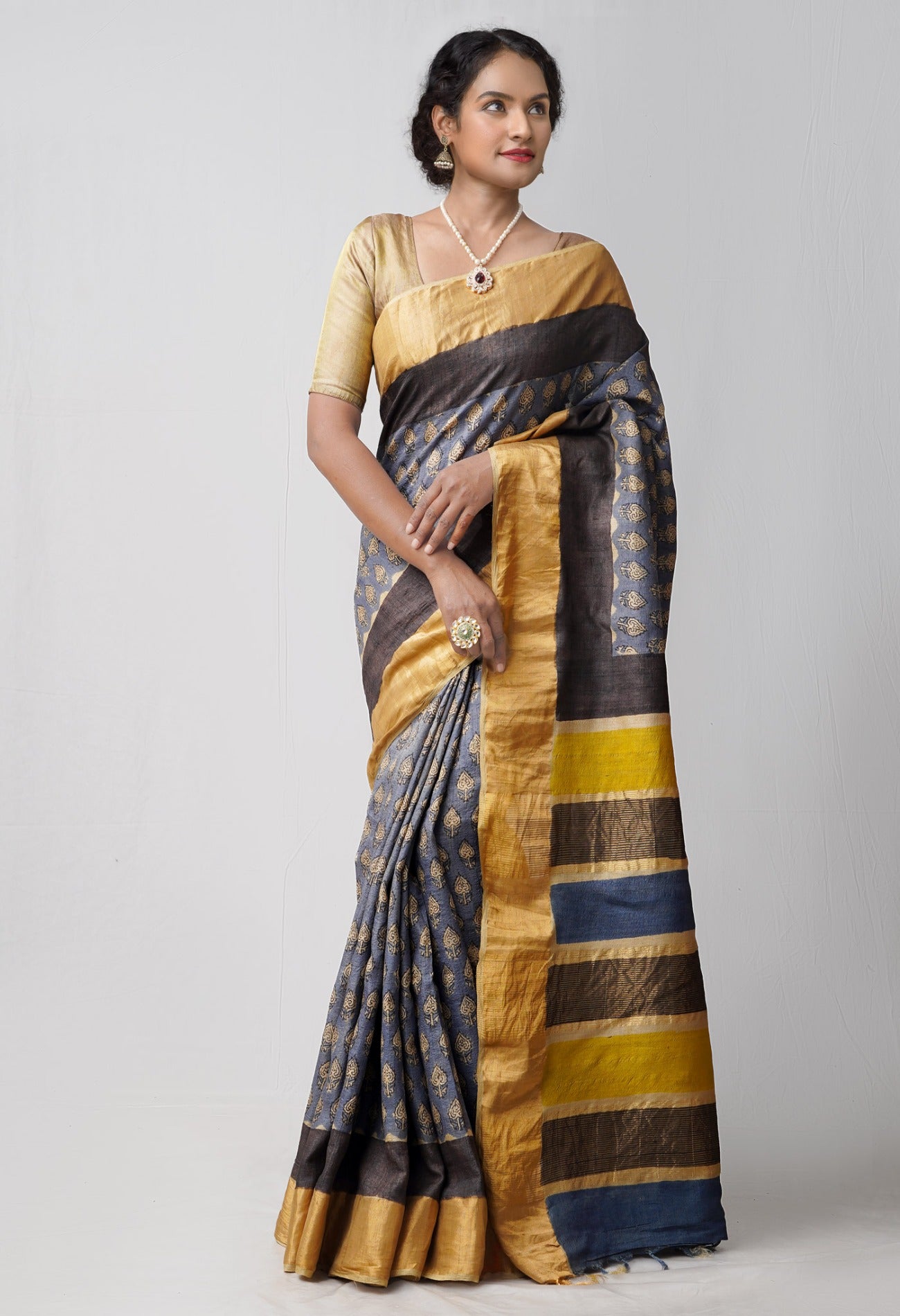 Blue Pure Handloom Block Printed Bengal Tussar Silk Saree