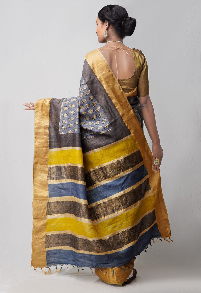 Online Shopping for Blue Pure Handloom Block Printed Bengal Tussar Silk Saree with Hand Block Prints from West Bengal at Unnatisilks.comIndia
