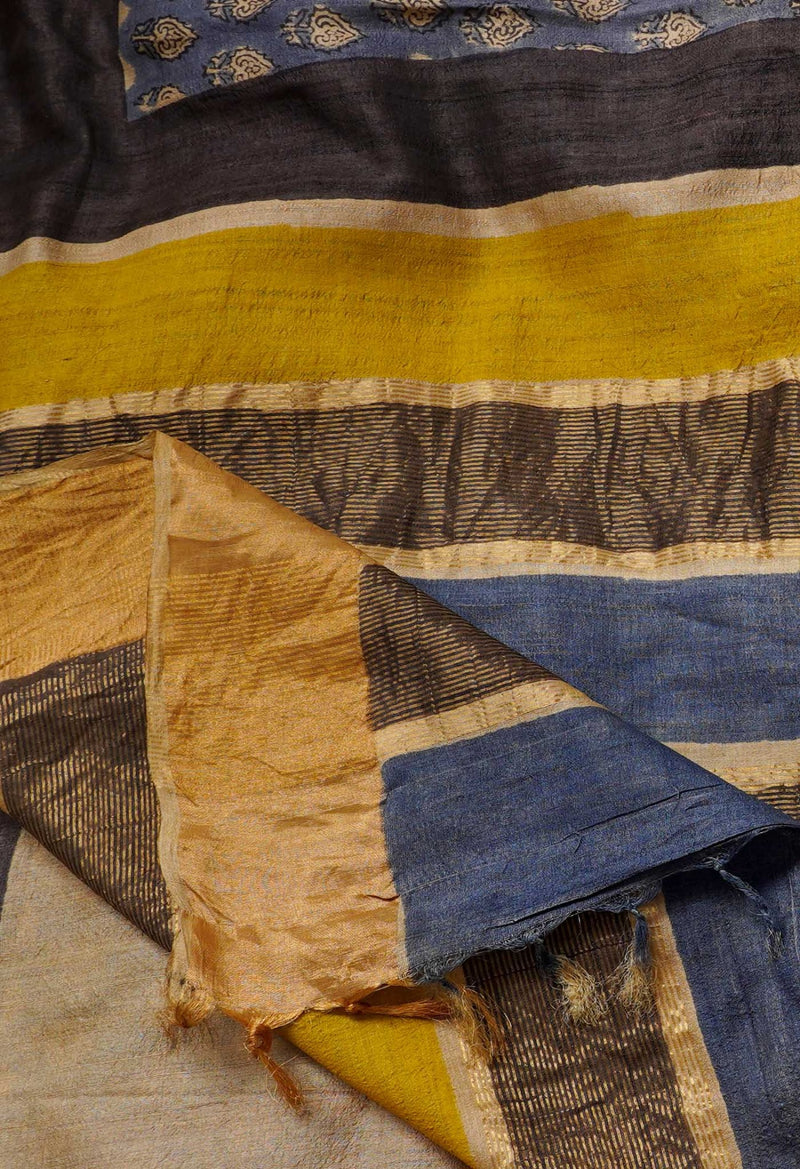 Online Shopping for Blue Pure Handloom Block Printed Bengal Tussar Silk Saree with Hand Block Prints from West Bengal at Unnatisilks.comIndia
