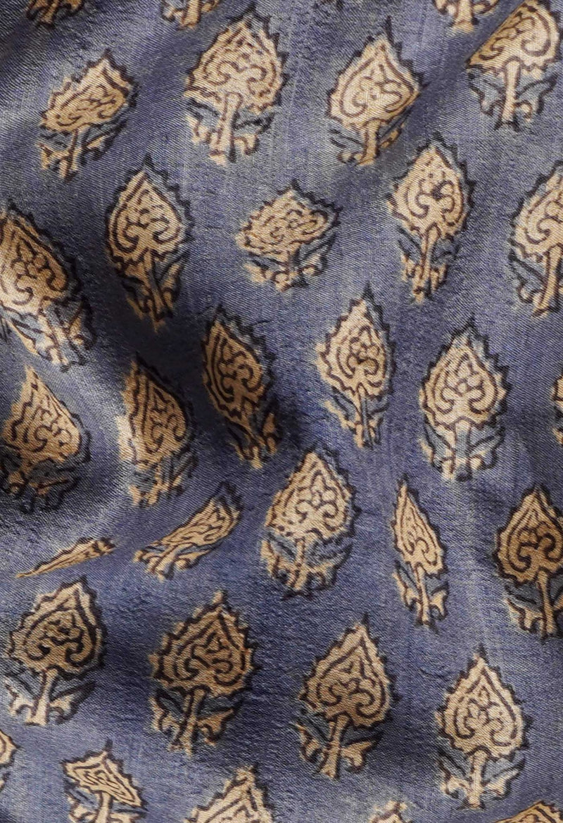 Blue Pure Handloom Block Printed Bengal Tussar Silk Saree
