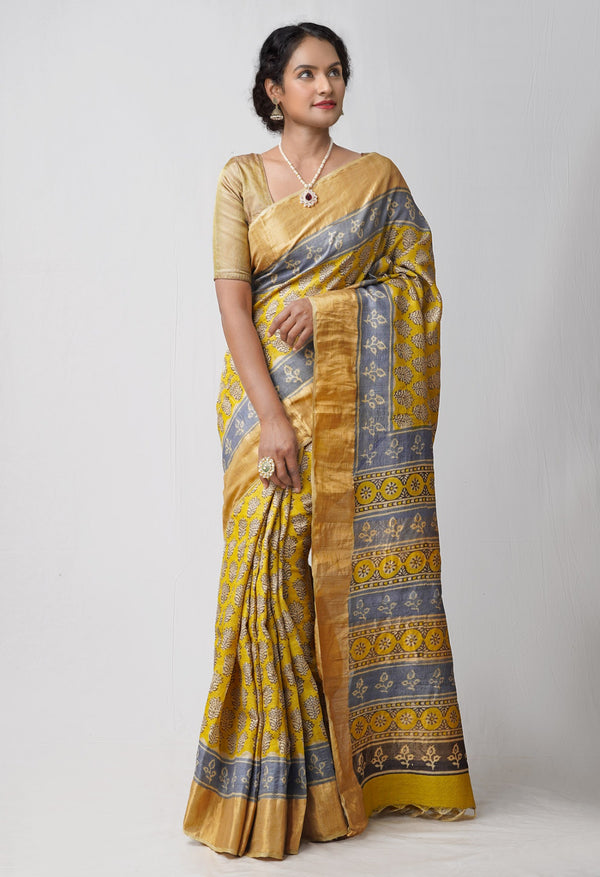 Yellow Pure Handloom Block Printed Bengal Tussar Silk Saree