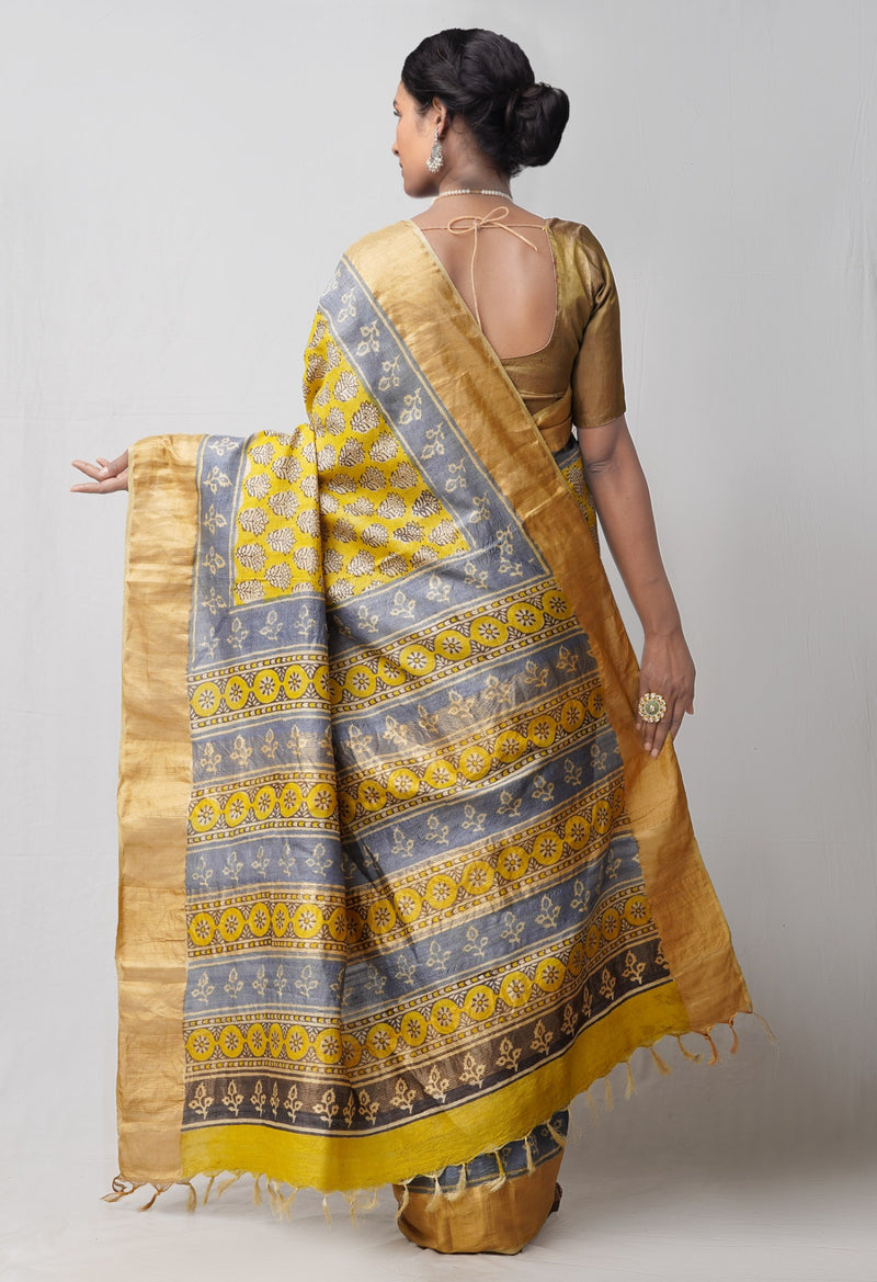 Online Shopping for Yellow Pure Handloom Block Printed Bengal Tussar Silk Saree with Hand Block Prints from West Bengal at Unnatisilks.comIndia

