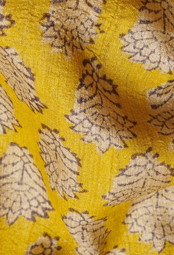 Yellow Pure Handloom Block Printed Bengal Tussar Silk Saree