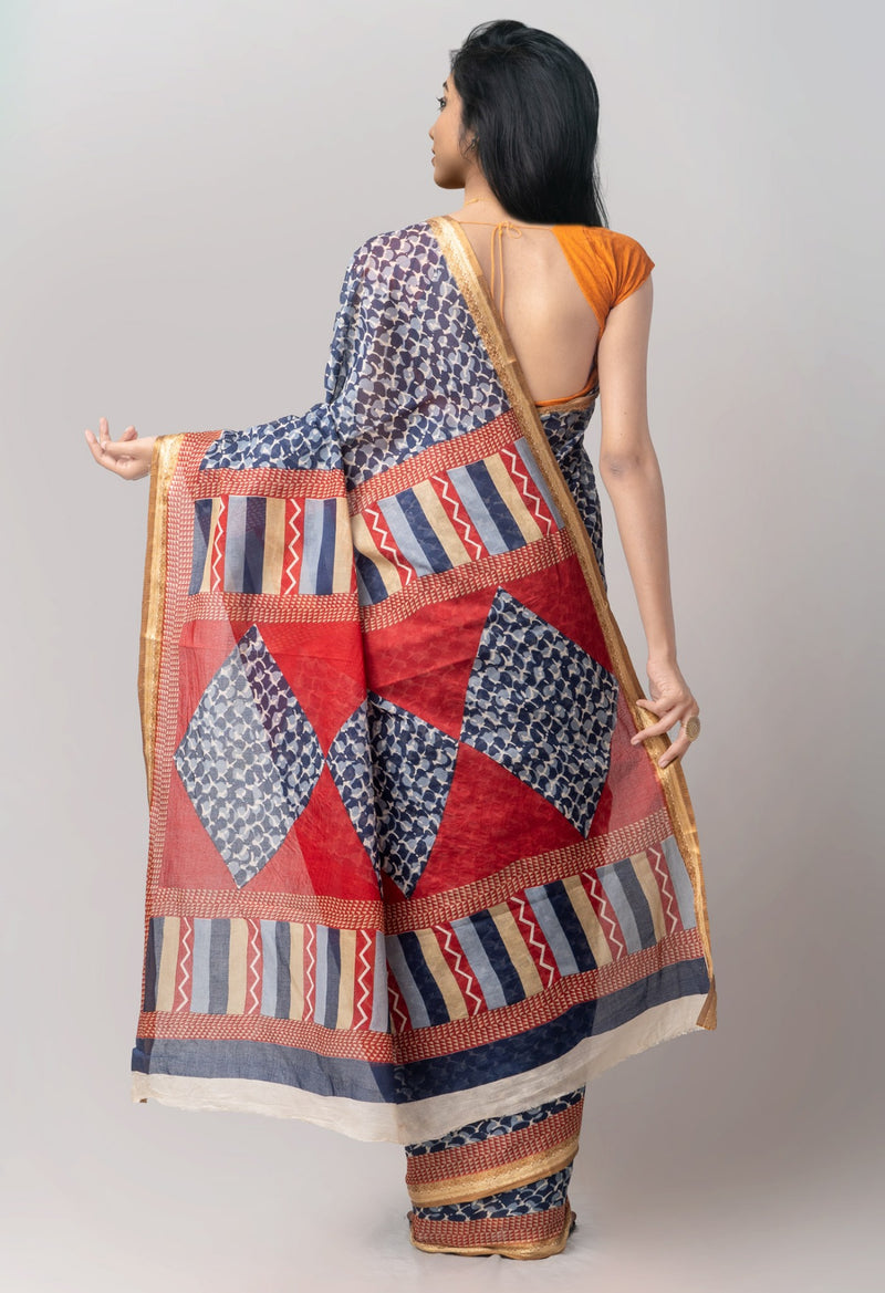 Online Shopping for Blue Pure Krisha Cotton Saree with Hand Block Prints from Rajasthan at Unnatisilks.comIndia
