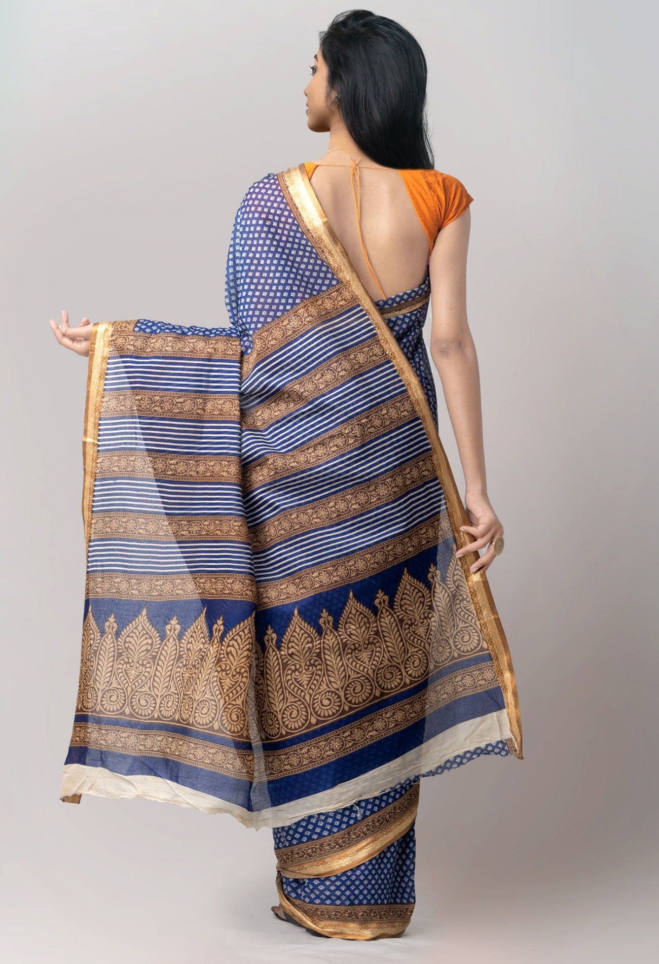 Online Shopping for Blue Pure Krisha Cotton Saree with Hand Block Prints from Rajasthan at Unnatisilks.comIndia
