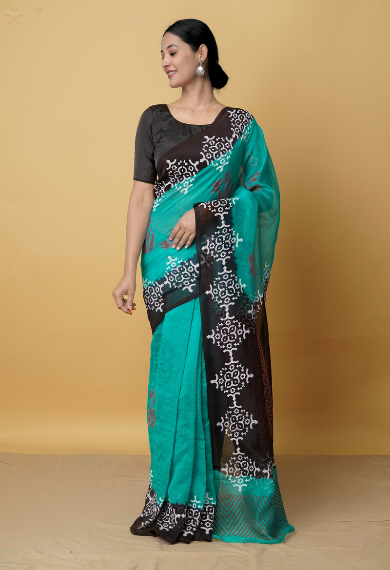 Green  Block Printed Supernet Saree-UNM61594