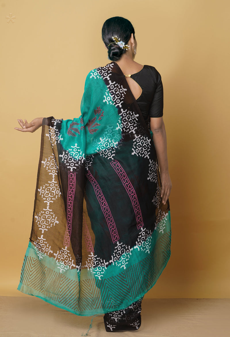 Green  Block Printed Supernet Saree-UNM61594