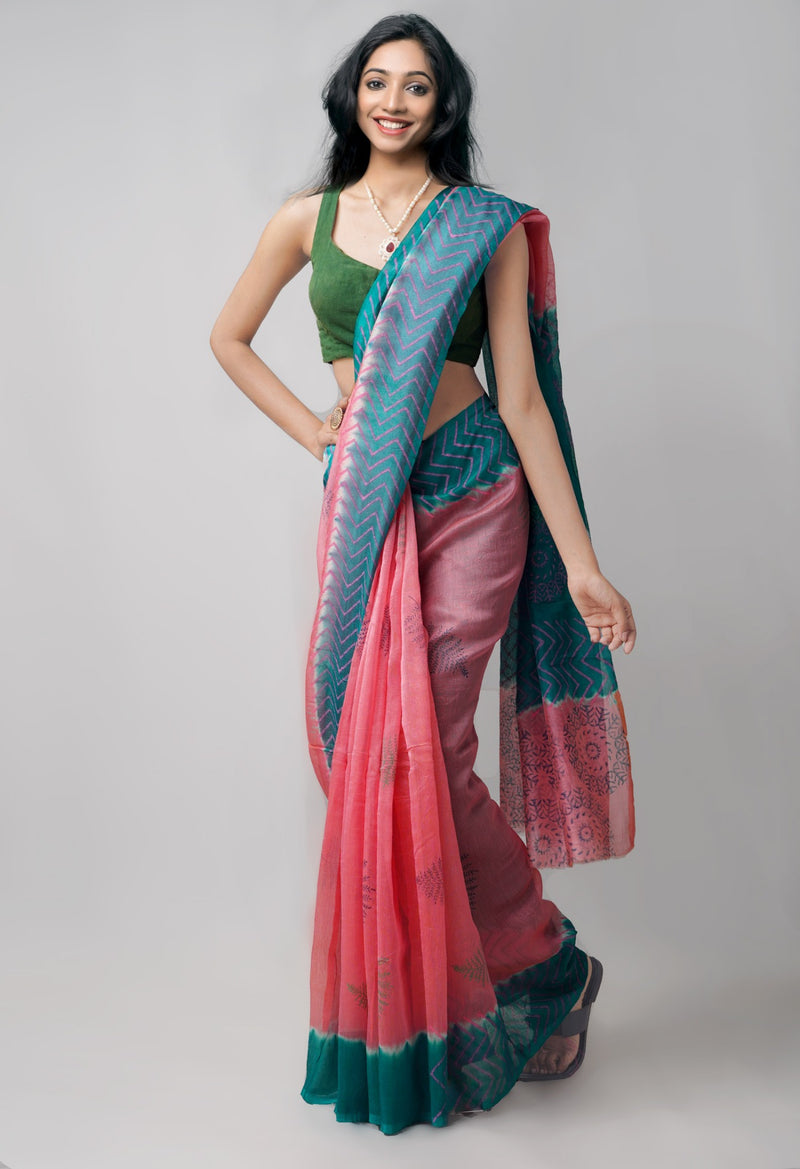 Pink  Block Printed Supernet Saree