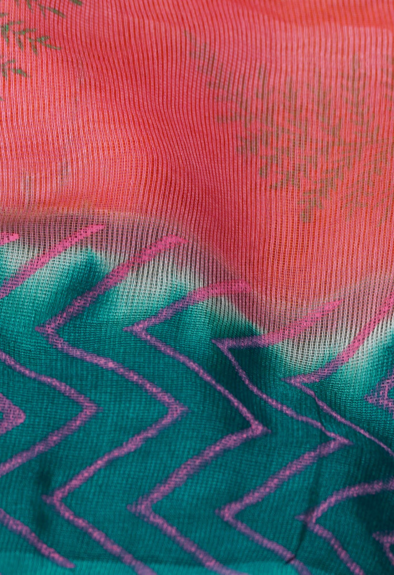 Pink  Block Printed Supernet Saree