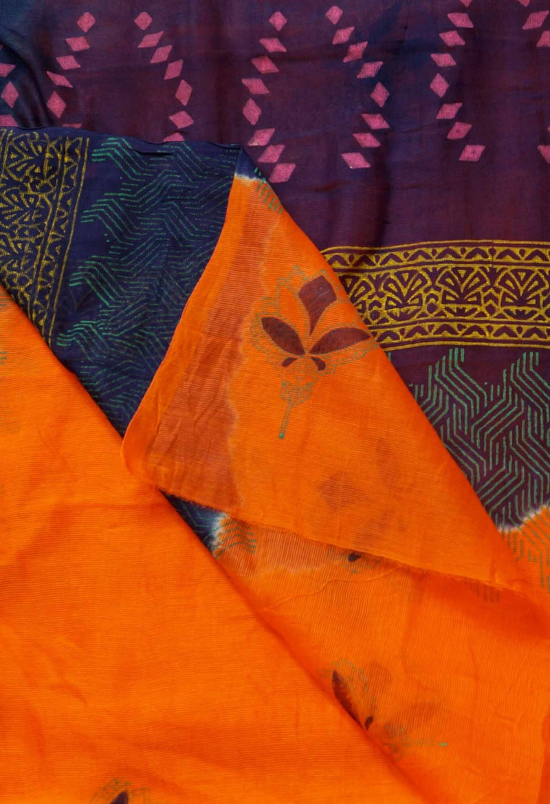 Online Shopping for Orange  Block Printed Supernet Saree with Hand Block Prints from Rajasthan at Unnatisilks.comIndia
