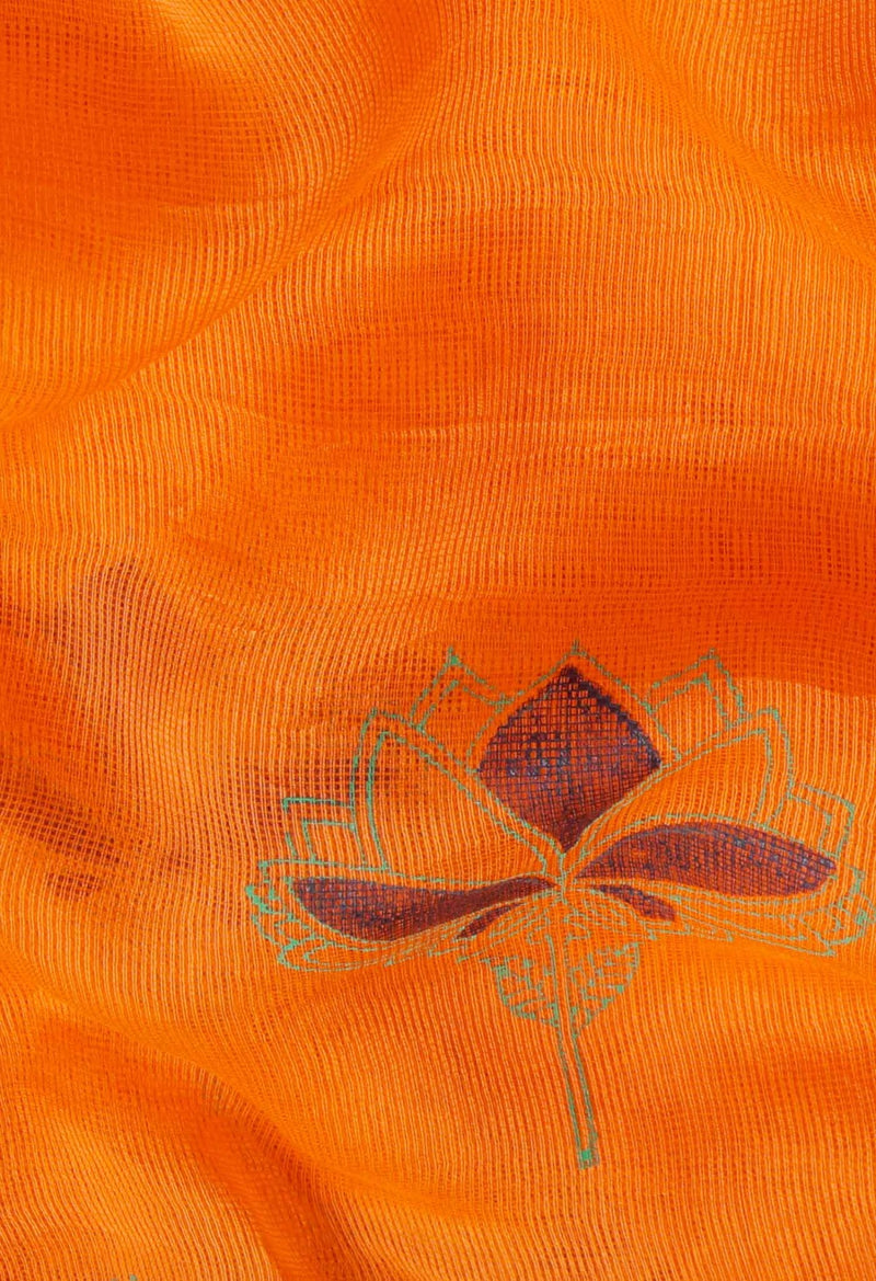 Orange  Block Printed Supernet Saree