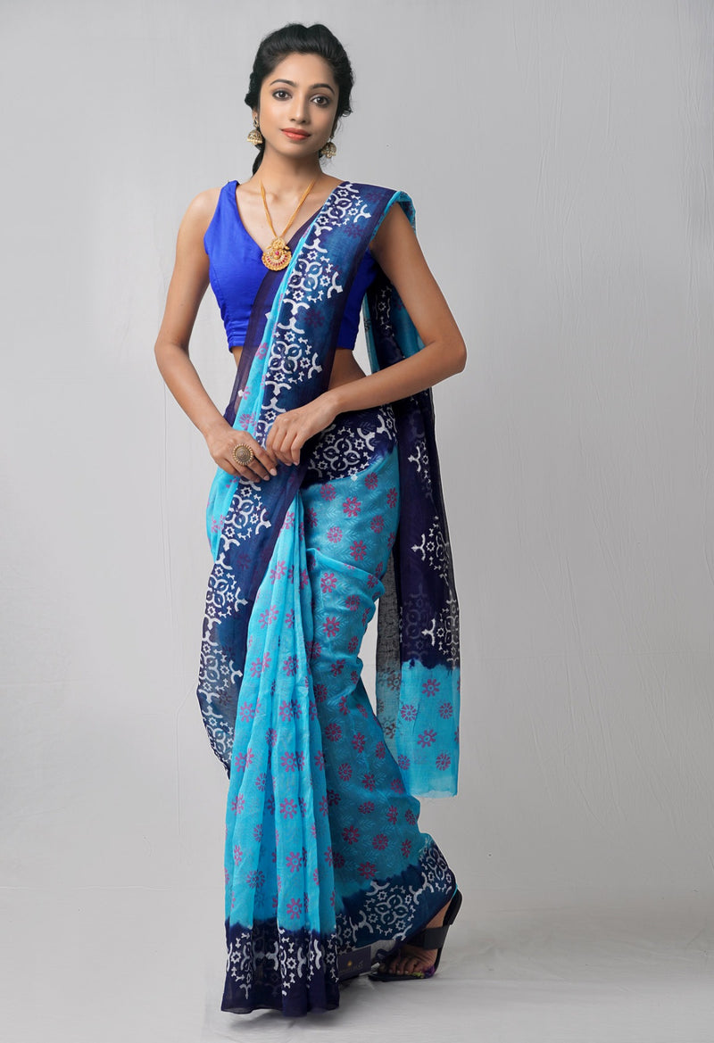 Blue  Block Printed Supernet Saree-UNM61609