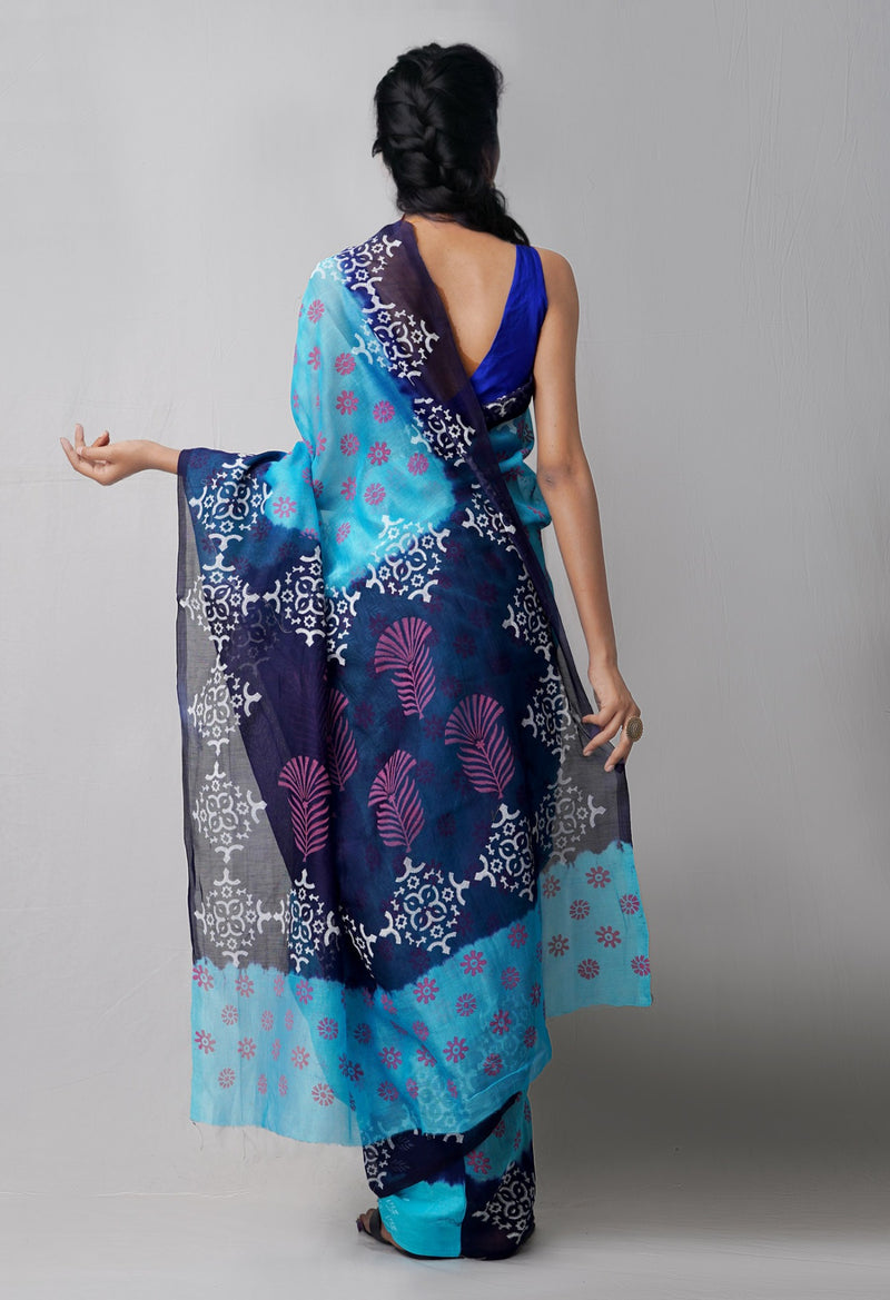 Online Shopping for Blue  Block Printed Supernet Saree with Hand Block Prints from Rajasthan at Unnatisilks.comIndia
