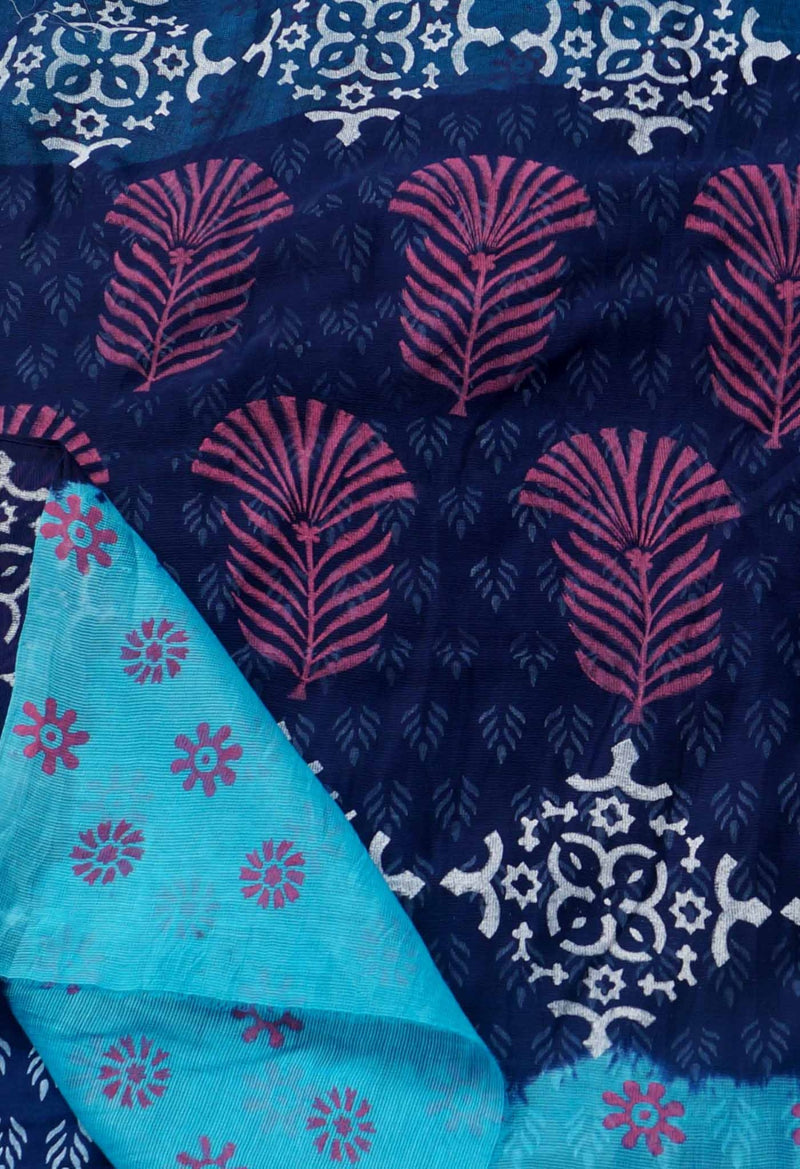 Blue  Block Printed Supernet Saree-UNM61609