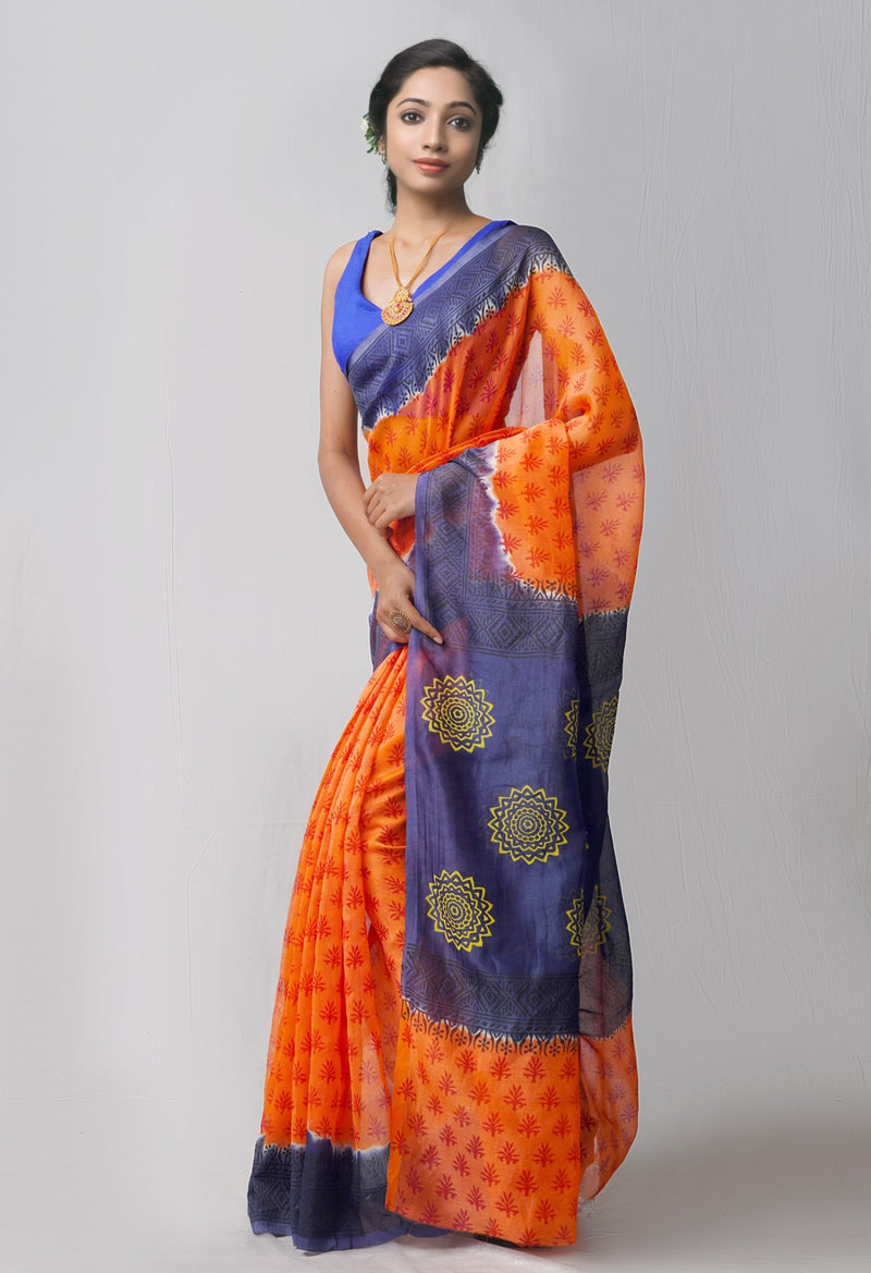 Online Shopping for Orange  Block Printed Supernet Saree with Hand Block Prints from Rajasthan at Unnatisilks.comIndia
