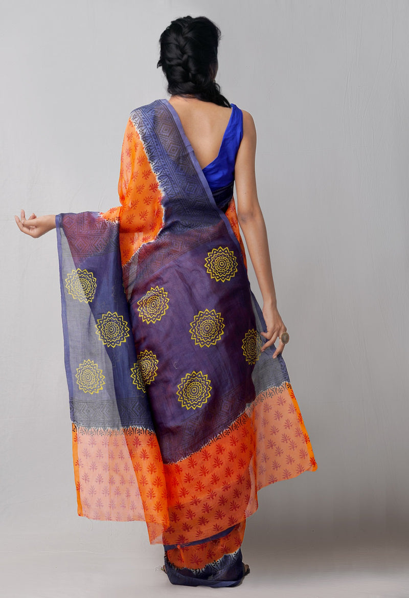 Online Shopping for Orange  Block Printed Supernet Saree with Hand Block Prints from Rajasthan at Unnatisilks.comIndia
