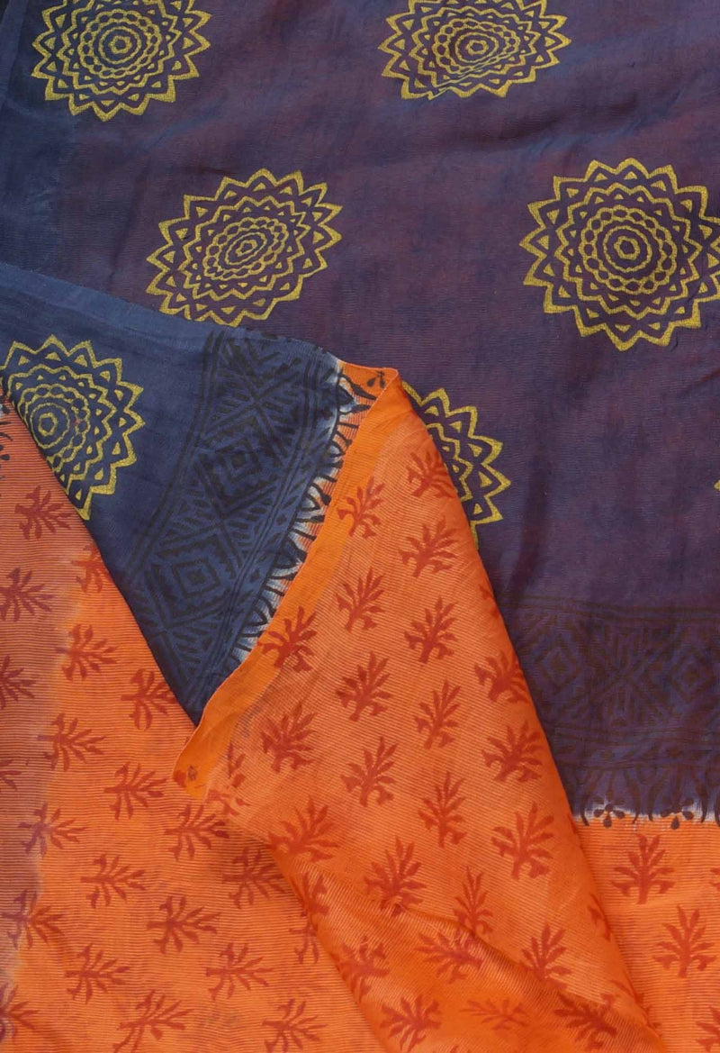 Orange Block Printed Supernet Saree-UNM61613