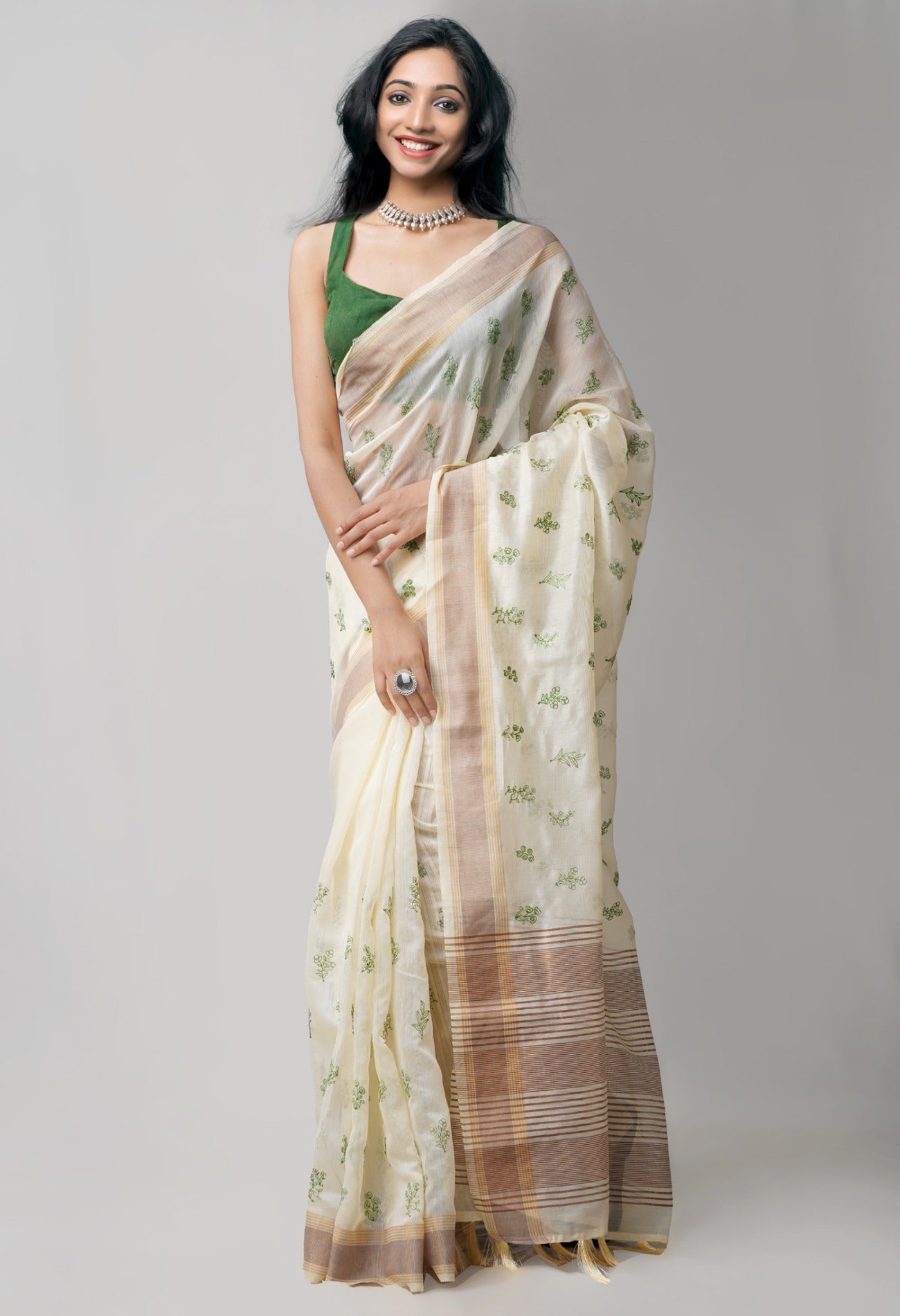 Online Shopping for Cream  Cross Stitched Embroidered Chanderi Sico Saree with Embroidery from Madhya Pradesh at Unnatisilks.comIndia
