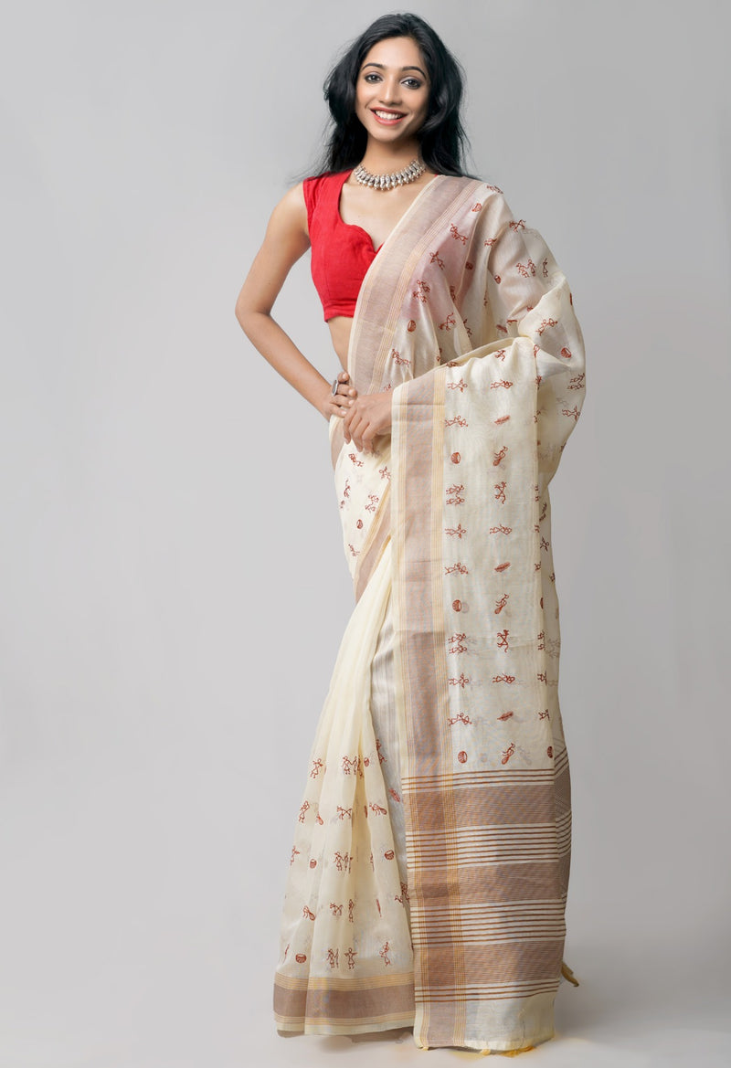 Online Shopping for Cream  Cross Stitched Embroidered Chanderi Sico Saree with Embroidery from Uttar Pradesh at Unnatisilks.comIndia
