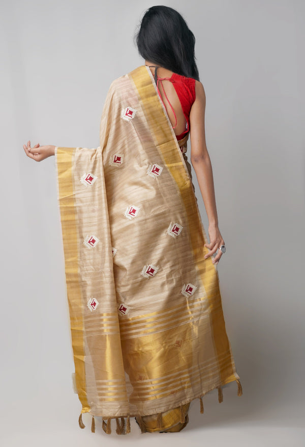 Online Shopping for Brown Tussar Silk Saree with Croatian Embroidery with Embroidery from Chhattisgarh at Unnatisilks.comIndia
