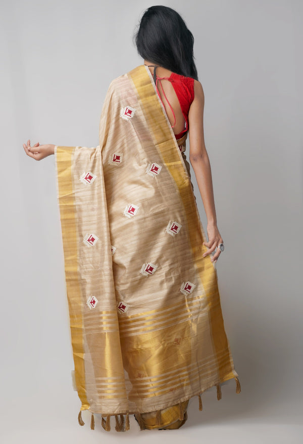 Online Shopping for Brown Tussar Silk Saree with Croatian Embroidery with Embroidery from Chhattisgarh at Unnatisilks.comIndia
