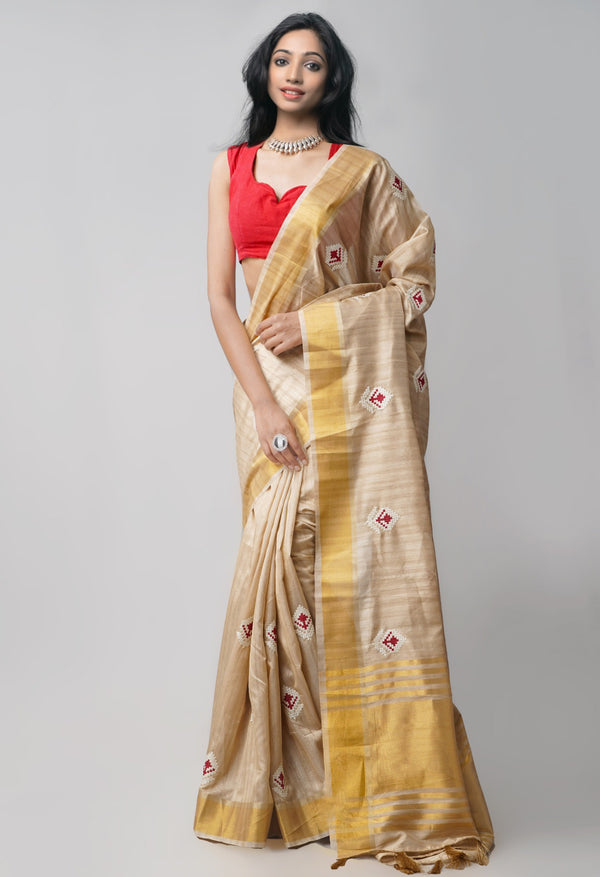 Brown Tussar Silk Saree with Crochet Embroidery-UNM61659