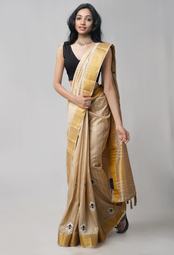 Brown Tussar Silk Saree with Crochet Embroidery-UNM61660
