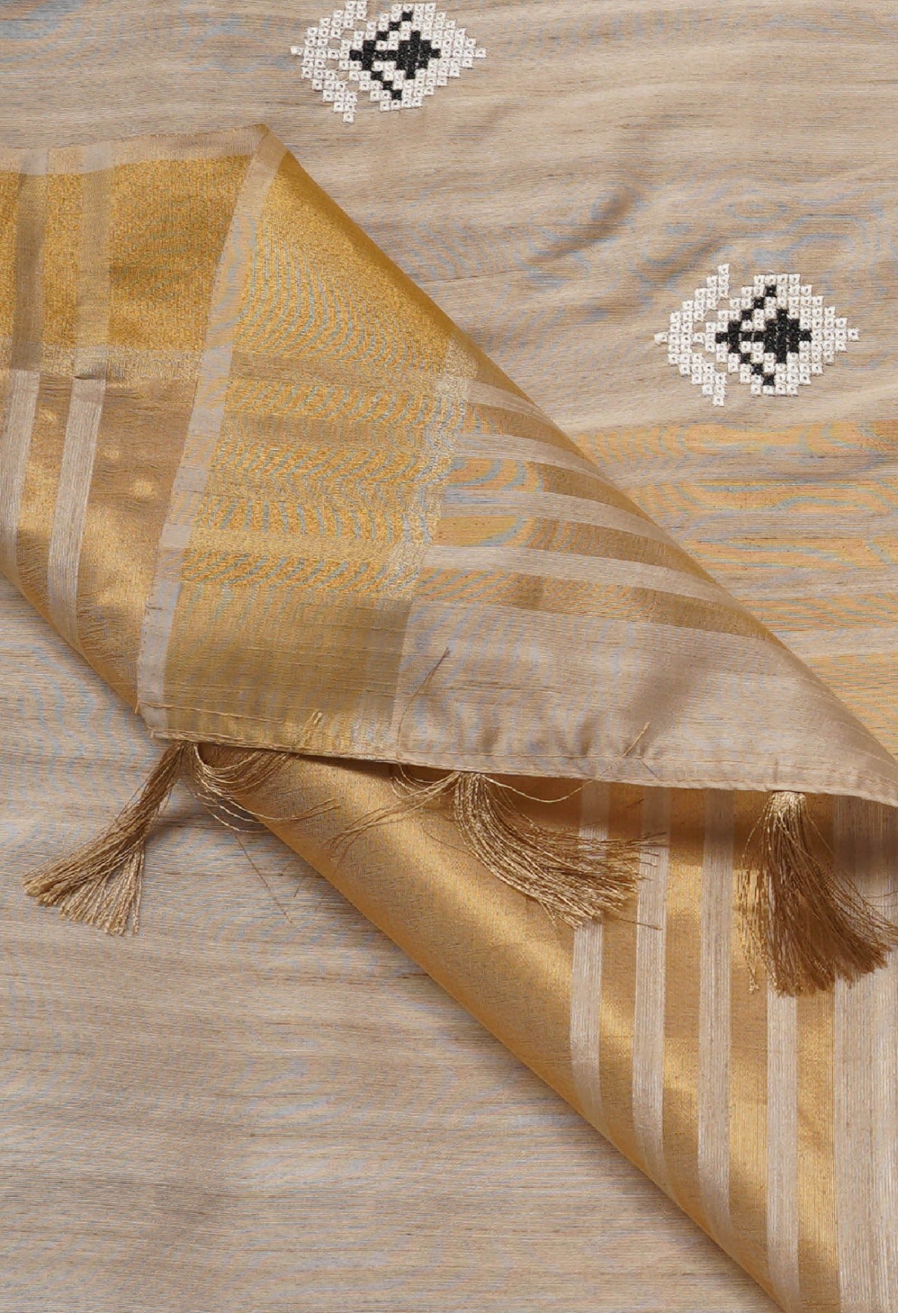 Brown Tussar Silk Saree with Crochet Embroidery-UNM61660