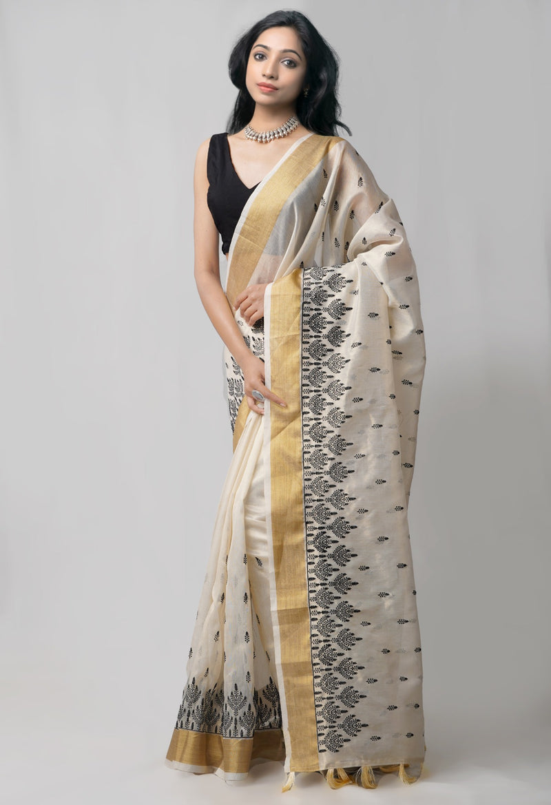 Cream  Cross Stitched Embroidered Banarasi Tissue Saree