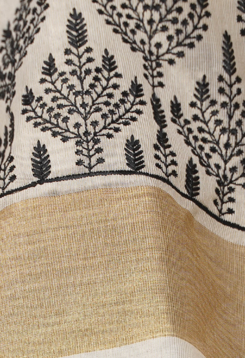 Cream  Cross Stitched Embroidered Banarasi Tissue Saree