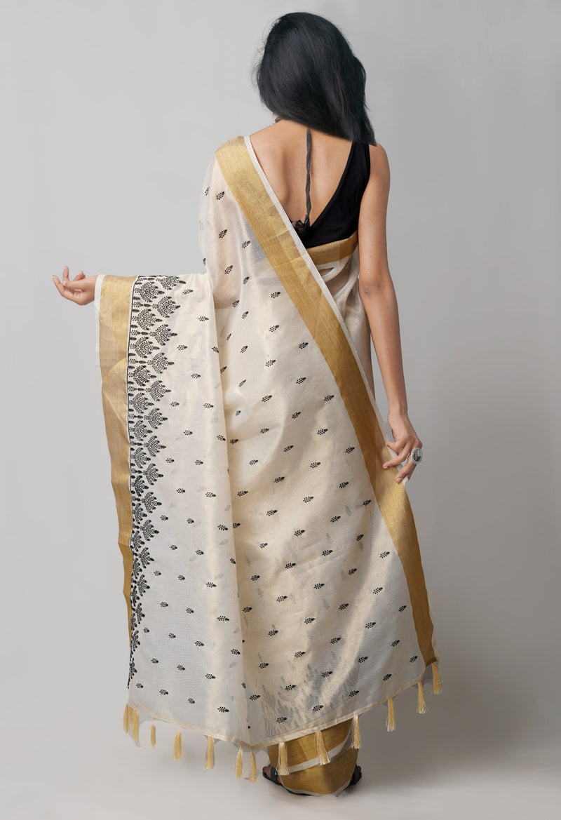 Online Shopping for Cream  Cross Stitched Embroidered Banarasi Tissue Saree with Embroidery from Uttar Pradesh at Unnatisilks.comIndia
