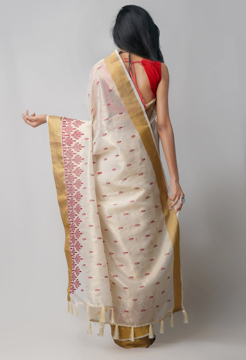 Online Shopping for Cream  Cross Stitched Embroidered Banarasi Tissue Saree with Embroidery from Uttar Pradesh at Unnatisilks.comIndia
