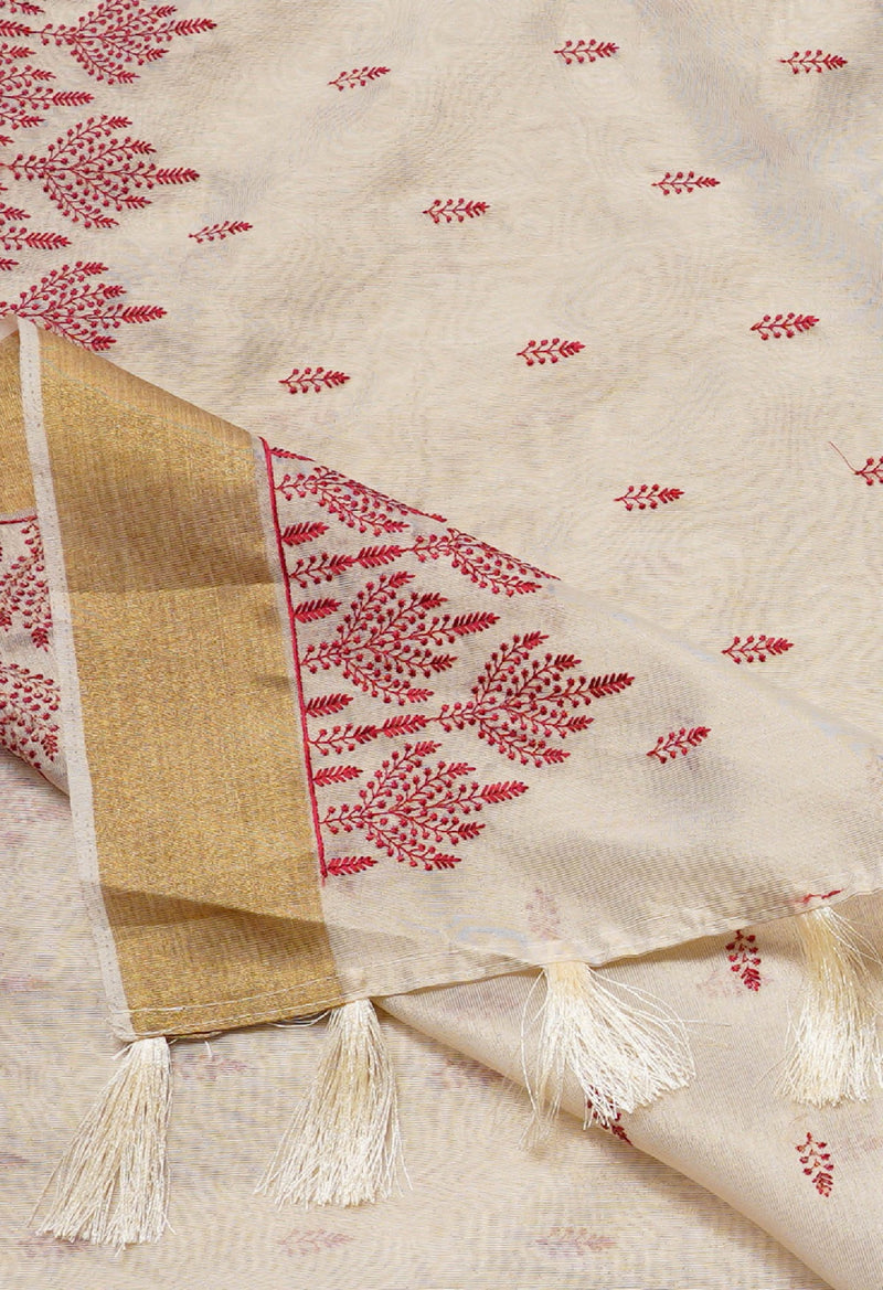 Cream  Cross Stitched Embroidered Banarasi Tissue Saree-UNM61664