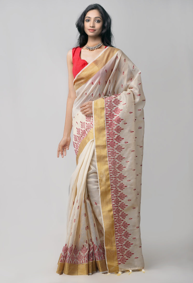 Online Shopping for Cream  Cross Stitched Embroidered Banarasi Tissue Saree with Embroidery from Uttar Pradesh at Unnatisilks.comIndia
