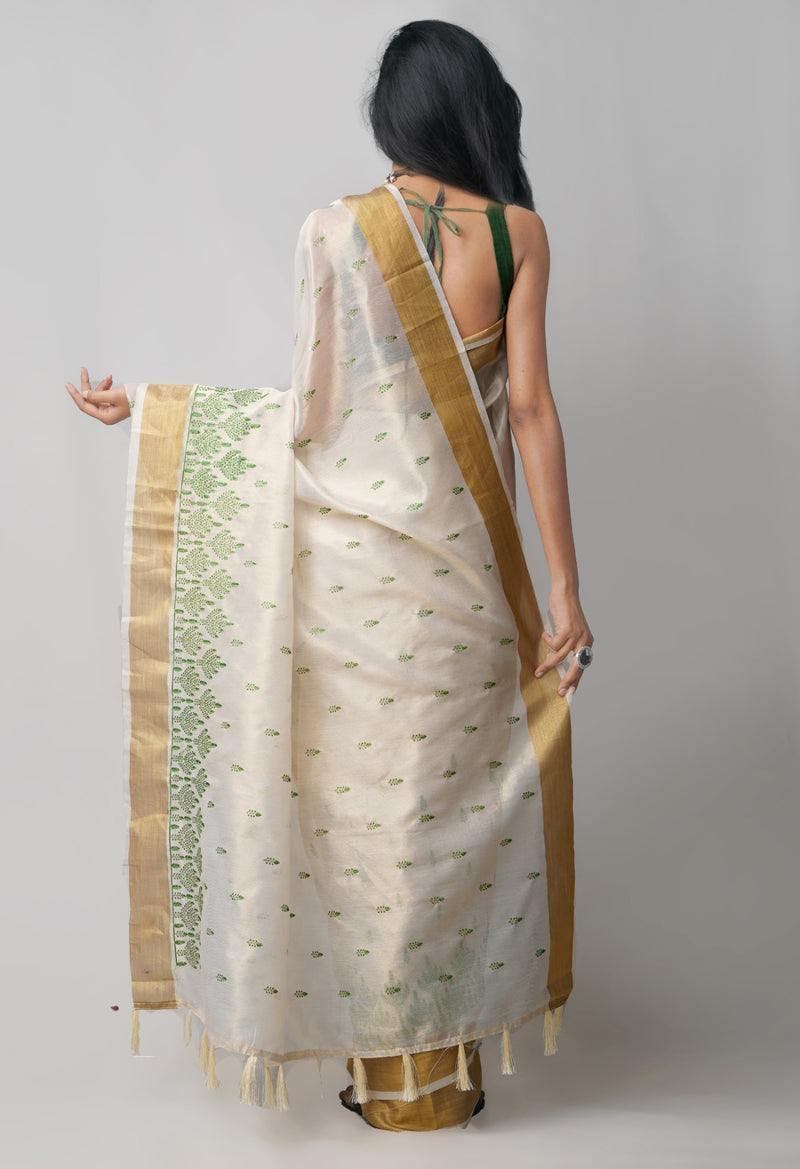 Online Shopping for Cream  Cross Stitched Embroidered Banarasi Tissue Saree with Embroidery from Uttar Pradesh at Unnatisilks.comIndia
