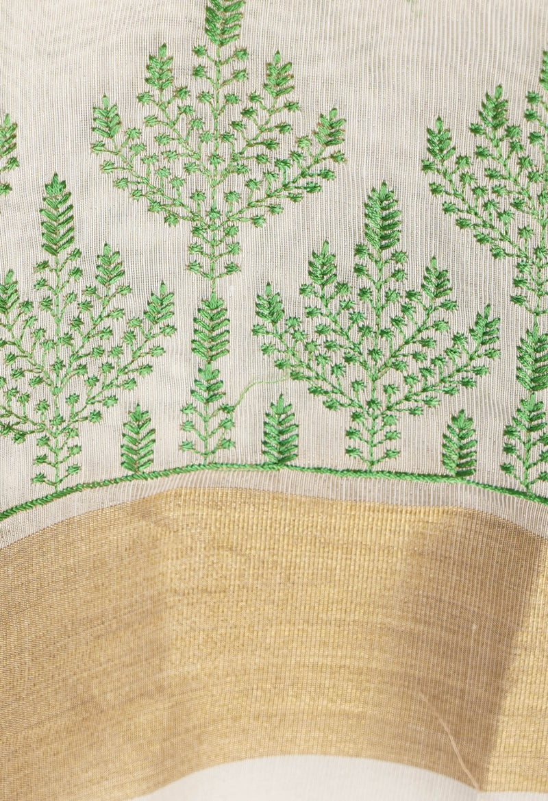 Cream  Cross Stitched Embroidered Banarasi Tissue Saree