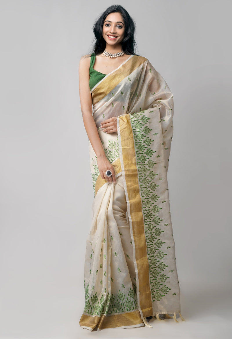 Cream  Cross Stitched Embroidered Banarasi Tissue Saree