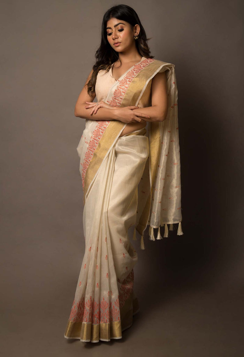 Online Shopping for Cream  Cross Stitched Embroidered Banarasi Tissue Saree with Embroidery from Uttar Pradesh at Unnatisilks.comIndia