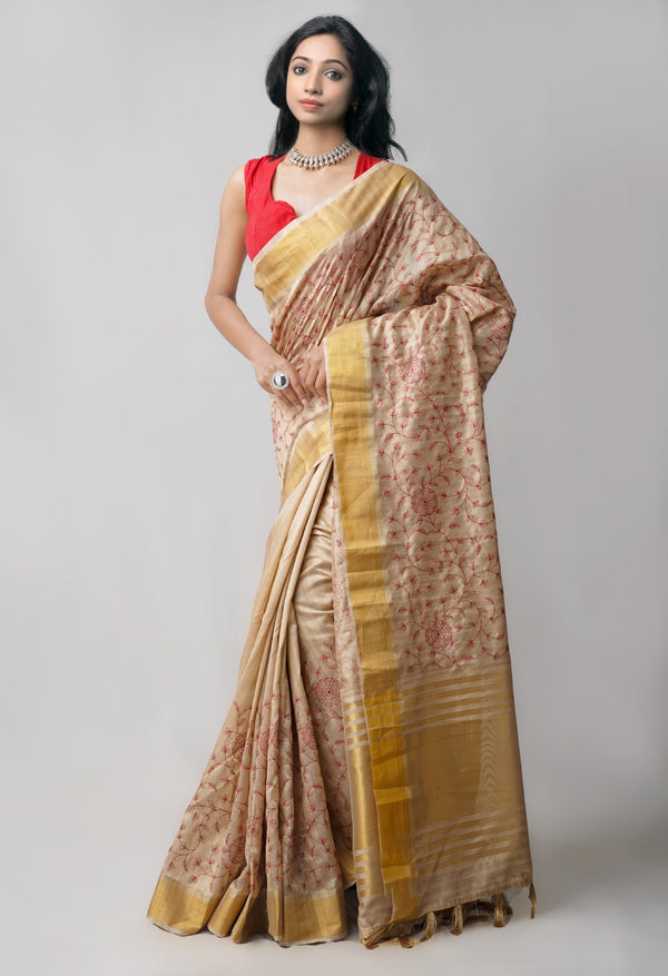 Brown  Cross Stitched Embroidered Tussar Silk Saree-UNM61671