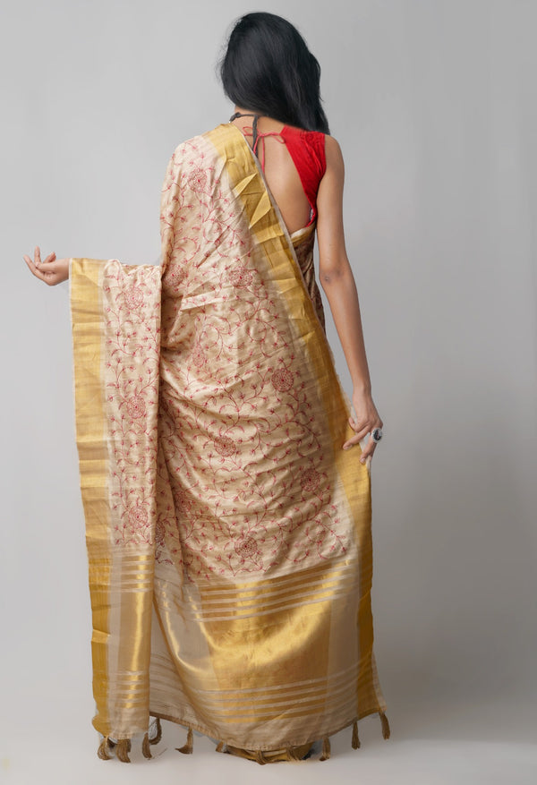 Online Shopping for Brown  Cross Stitched Embroidered Tussar Silk Saree with Embroidery from Chhattisgarh at Unnatisilks.comIndia
