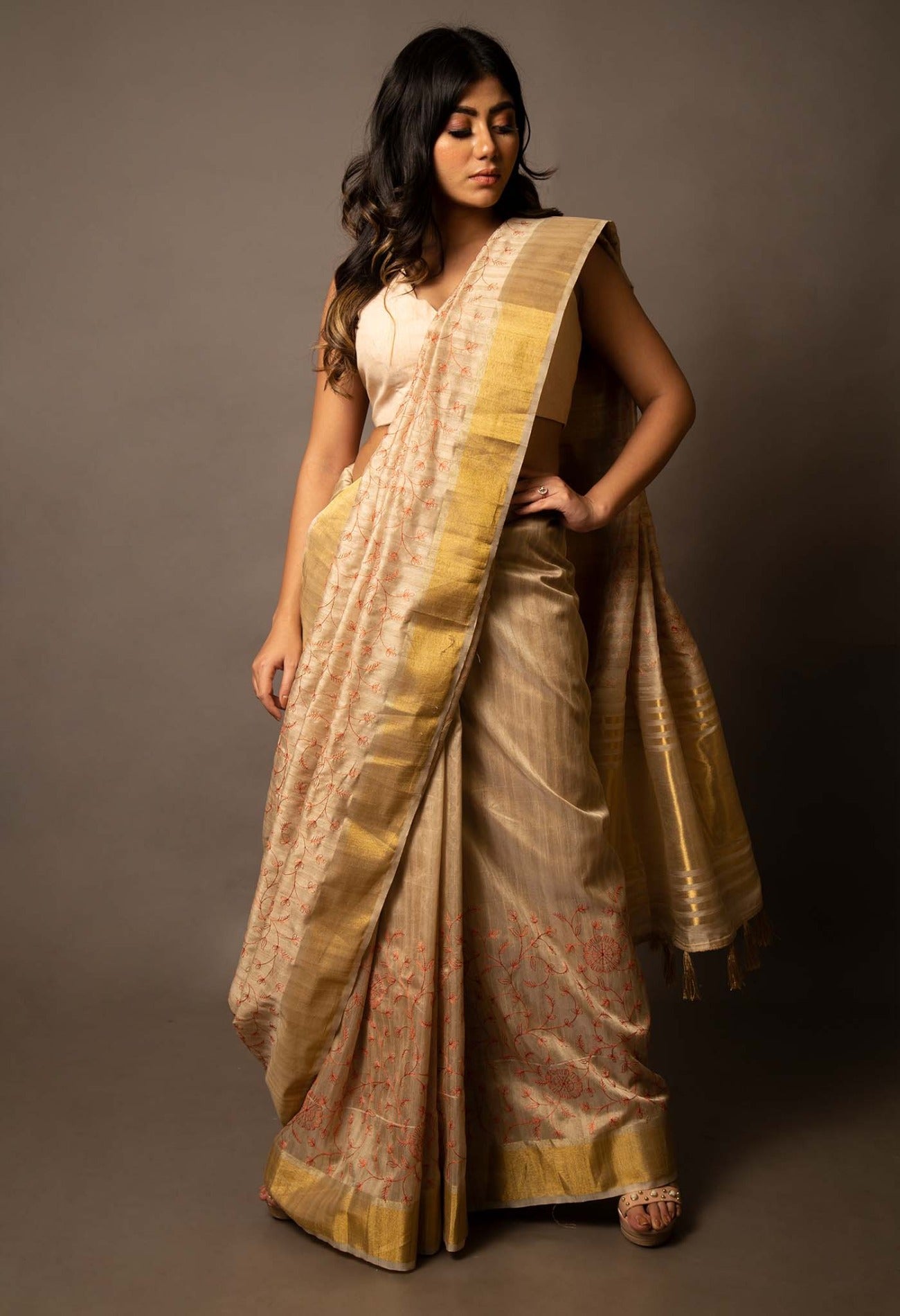 Brown  Cross Stitched Embroidered Tussar Silk Saree